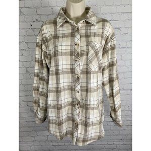 NWT THATSSOFETCH Beige Brown Plaid Denver Flannel Button Up Long Sleeve Shirt 6
